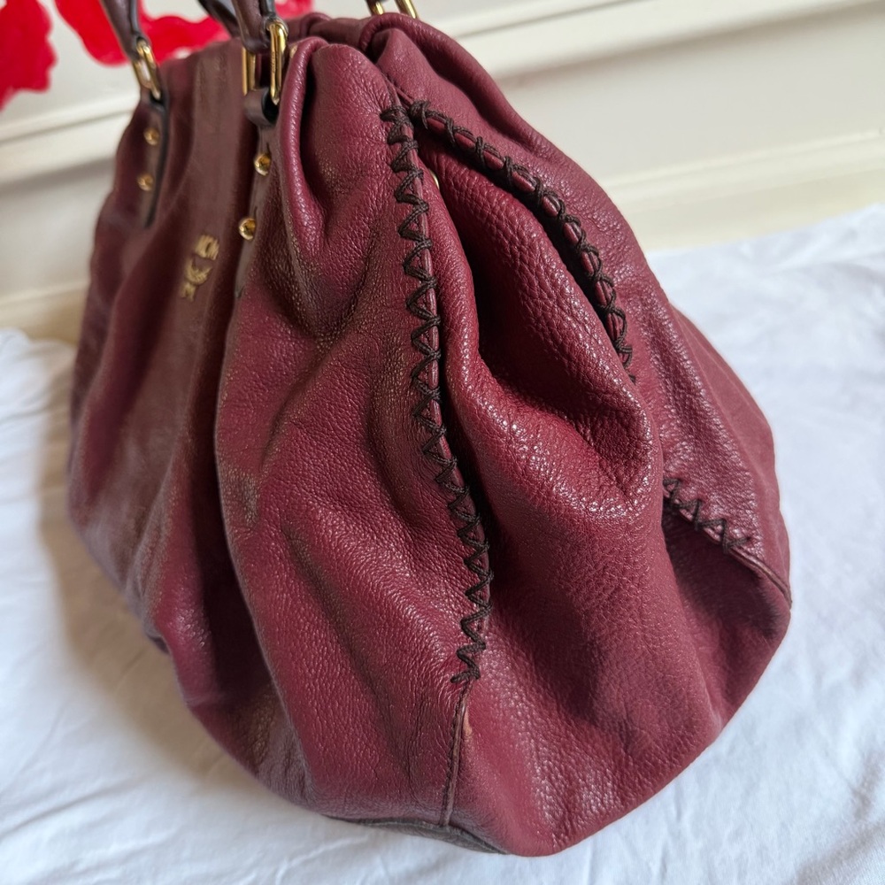 MCM Burgundy Maroon Leather Two Way Satchel Bag Leather Colon Hobo Medium - Picture 3 of 10